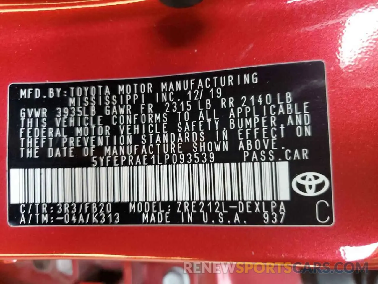 12 fotografías del automóvil dañado 5YFEPRAE1LP093539 TOYOTA COROLLA 2020