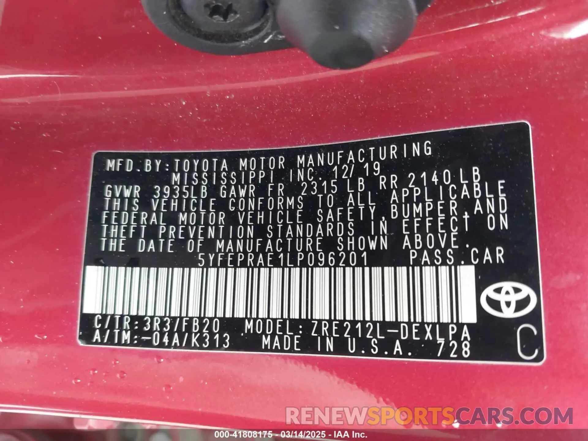 9 fotografías del automóvil dañado 5YFEPRAE1LP096201 TOYOTA COROLLA 2020