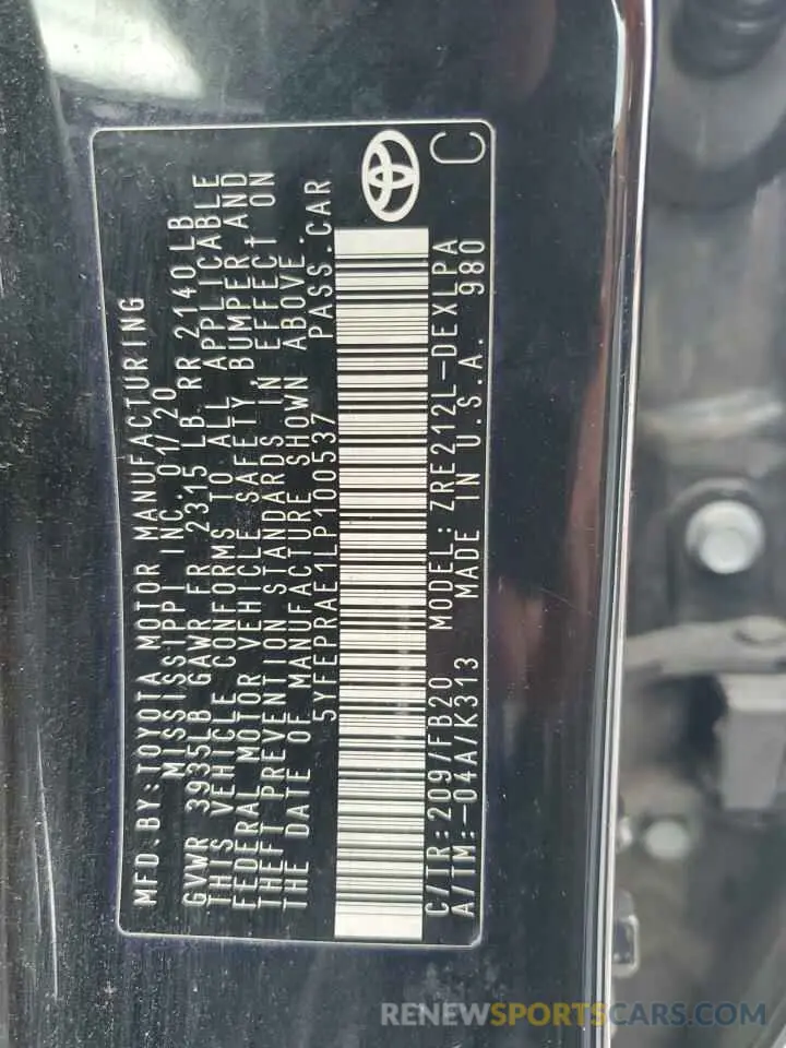 13 fotografías del automóvil dañado 5YFEPRAE1LP100537 TOYOTA COROLLA 2020