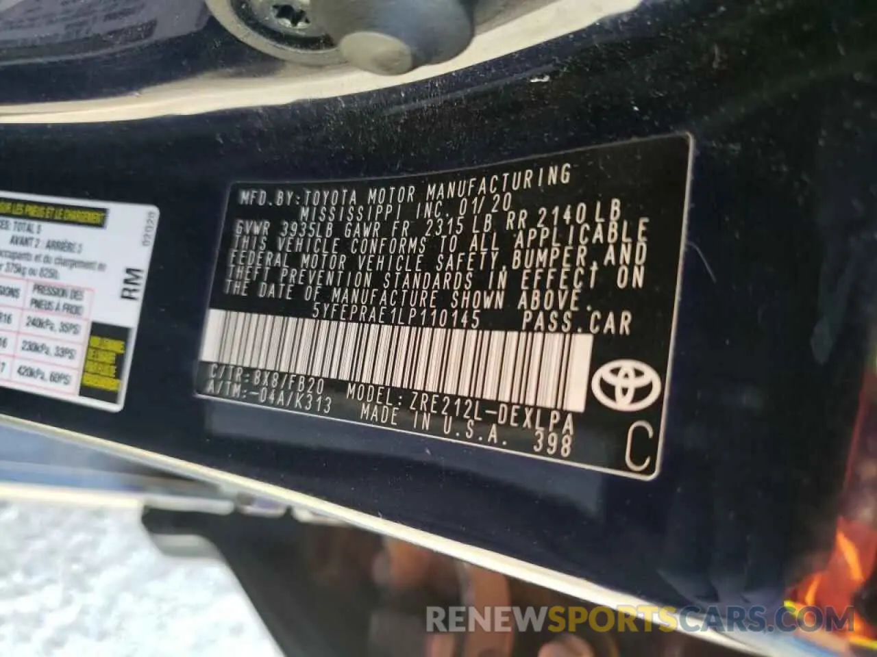 12 fotografías del automóvil dañado 5YFEPRAE1LP110145 TOYOTA COROLLA 2020