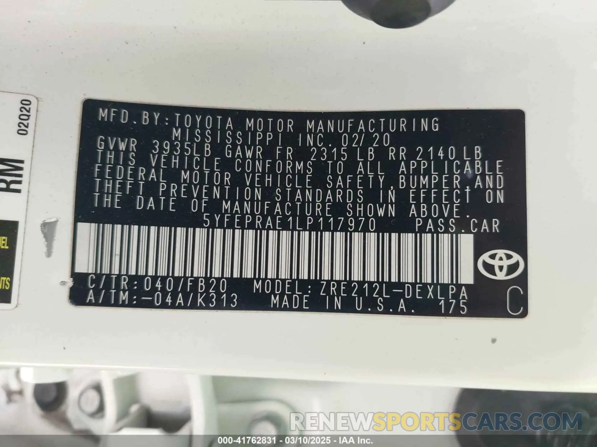 9 fotografías del automóvil dañado 5YFEPRAE1LP117970 TOYOTA COROLLA 2020
