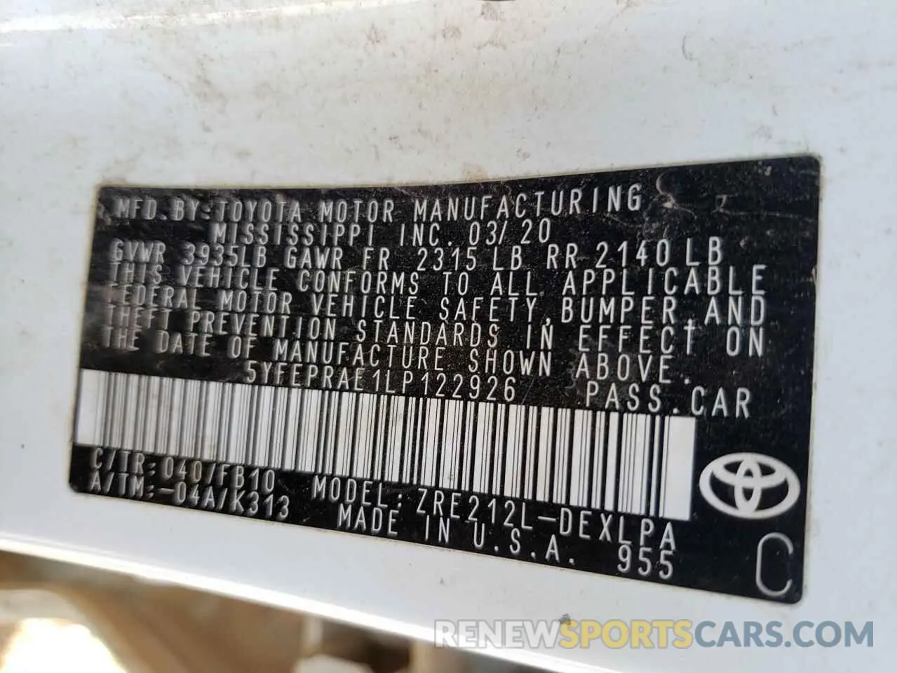10 fotografías del automóvil dañado 5YFEPRAE1LP122926 TOYOTA COROLLA 2020