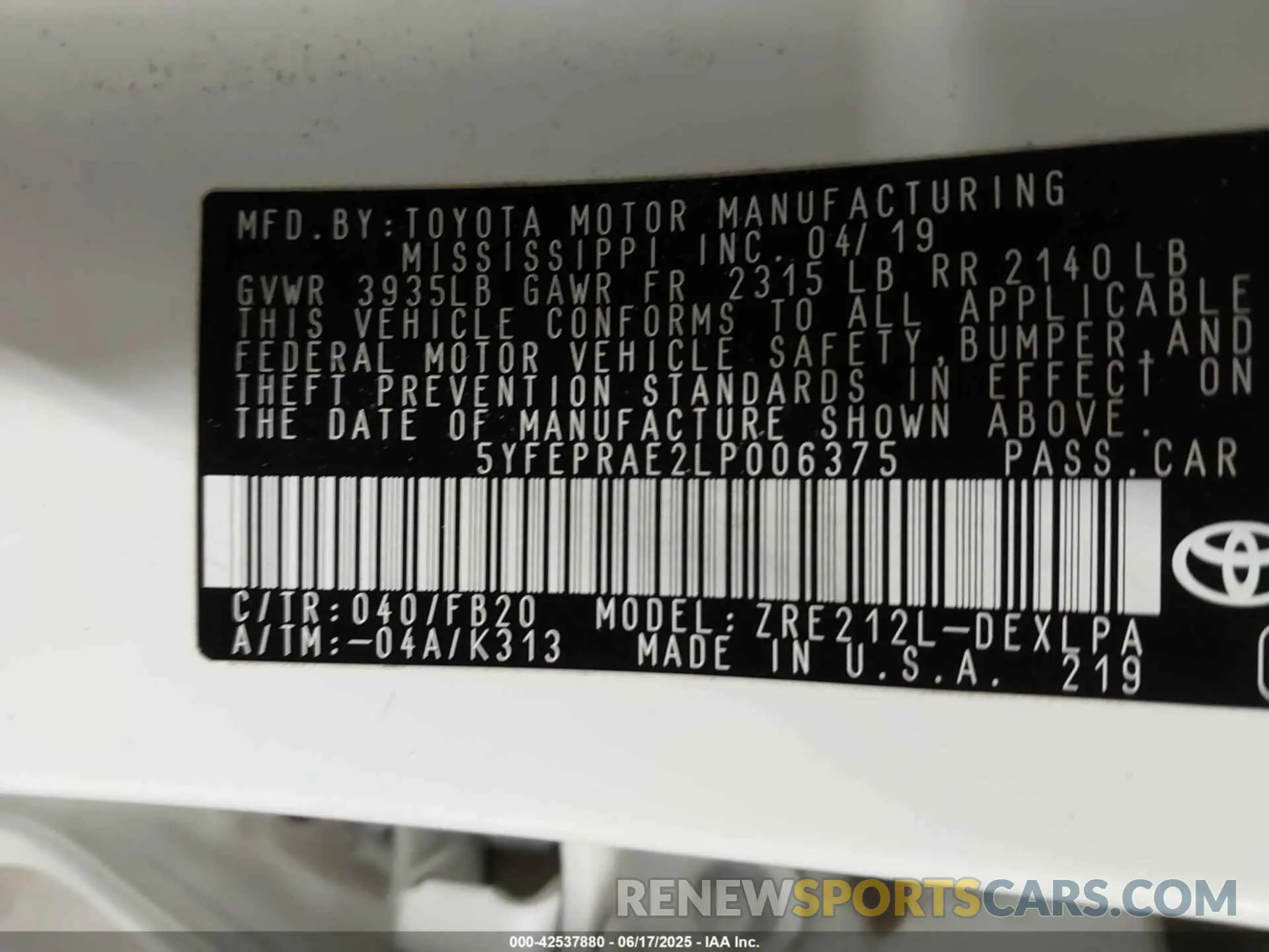 9 fotografías del automóvil dañado 5YFEPRAE2LP006375 TOYOTA COROLLA 2020