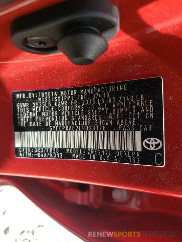 10 fotografías del automóvil dañado 5YFEPRAE2LP038176 TOYOTA COROLLA 2020