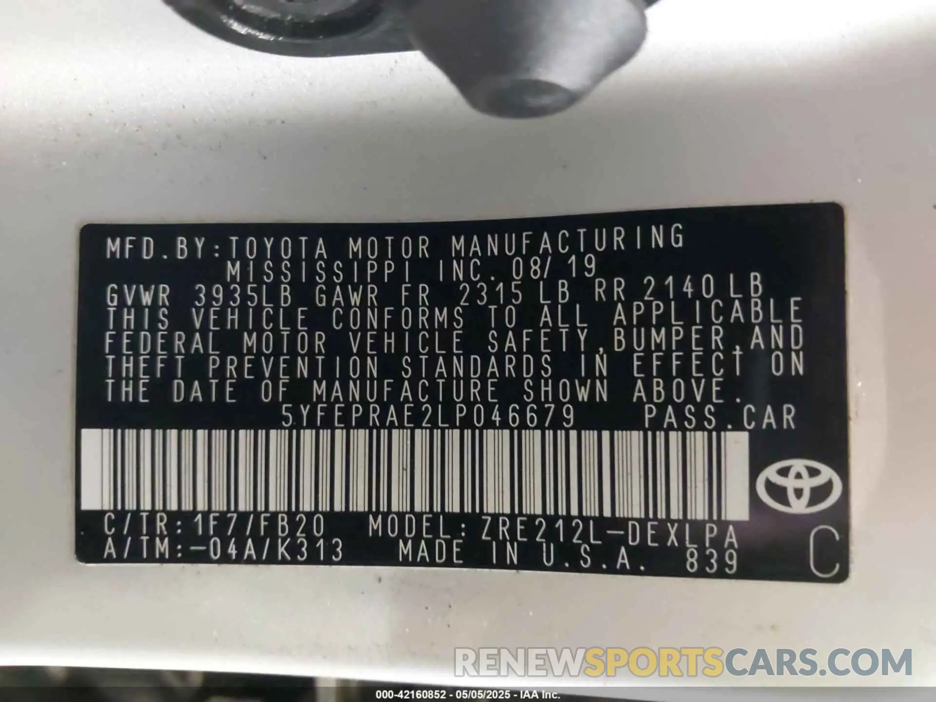 9 fotografías del automóvil dañado 5YFEPRAE2LP046679 TOYOTA COROLLA 2020