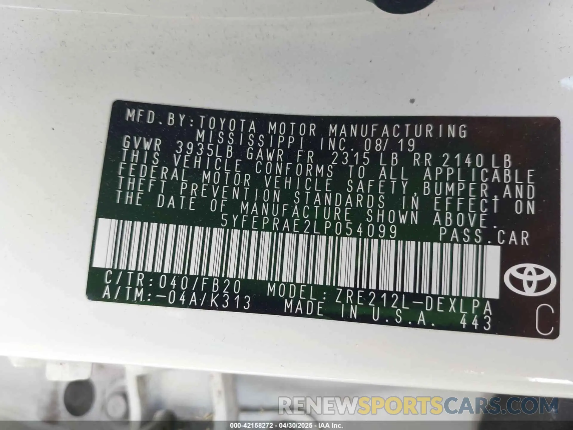 9 fotografías del automóvil dañado 5YFEPRAE2LP054099 TOYOTA COROLLA 2020