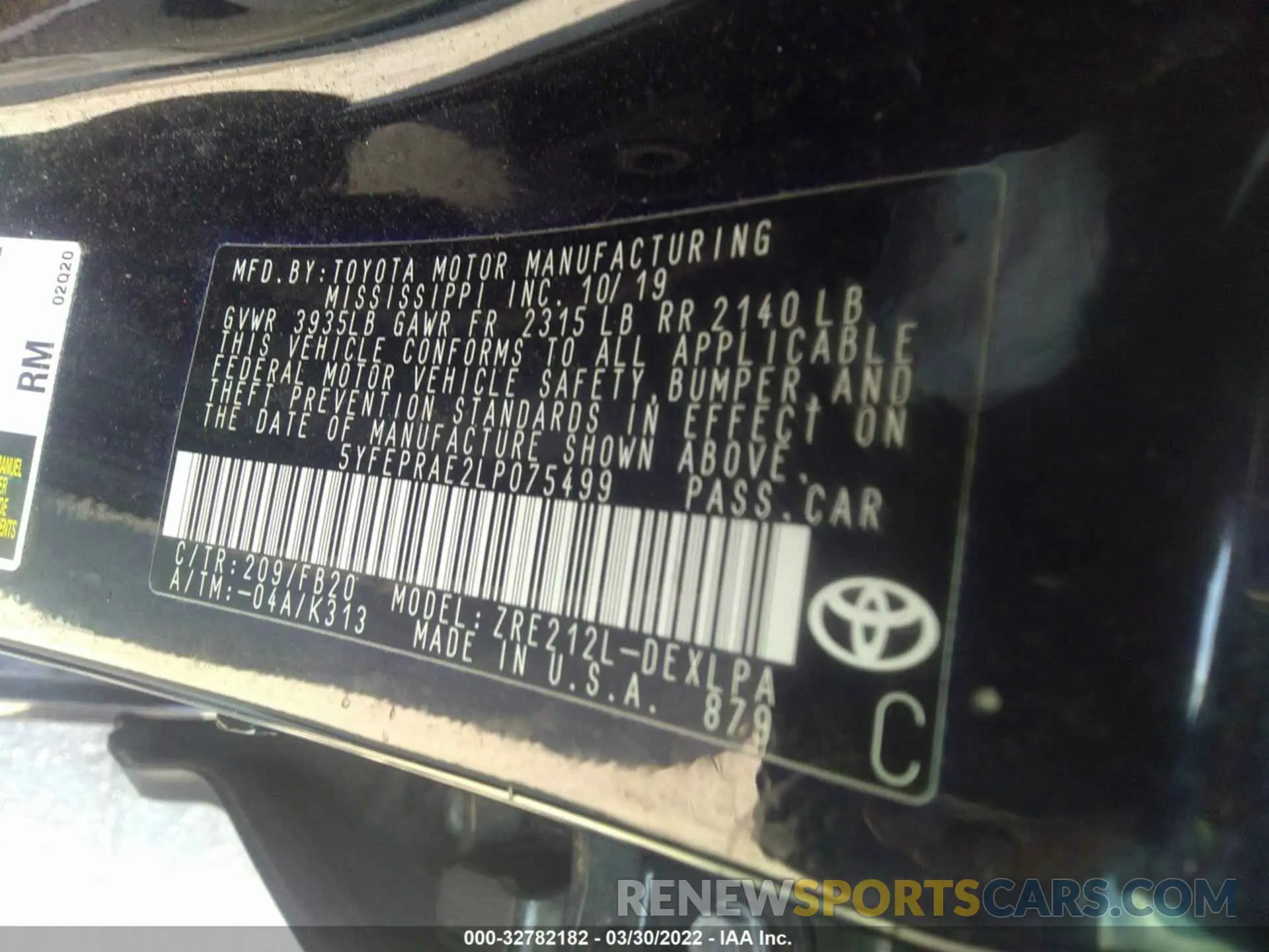 9 fotografías del automóvil dañado 5YFEPRAE2LP075499 TOYOTA COROLLA 2020