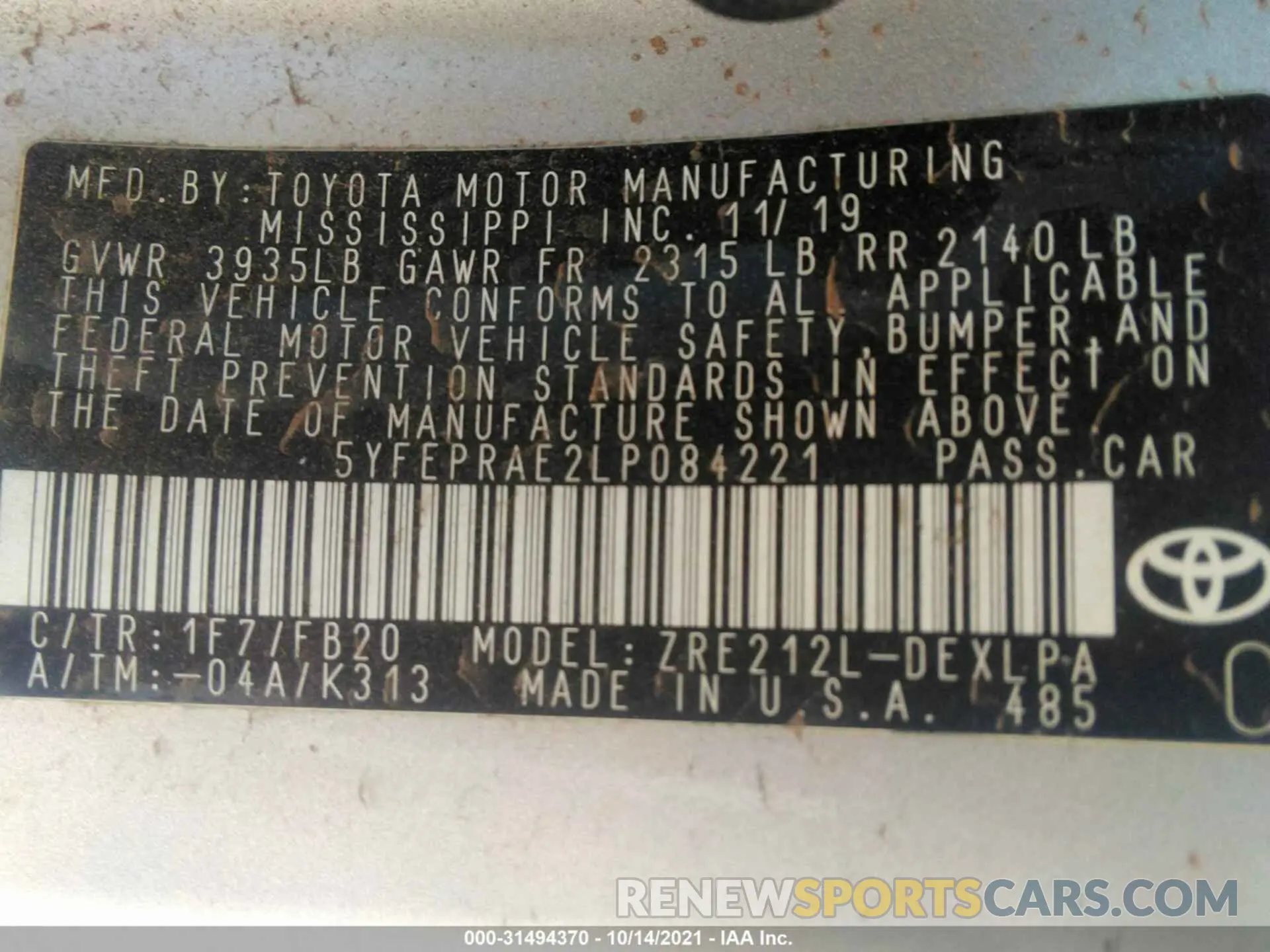 9 fotografías del automóvil dañado 5YFEPRAE2LP084221 TOYOTA COROLLA 2020