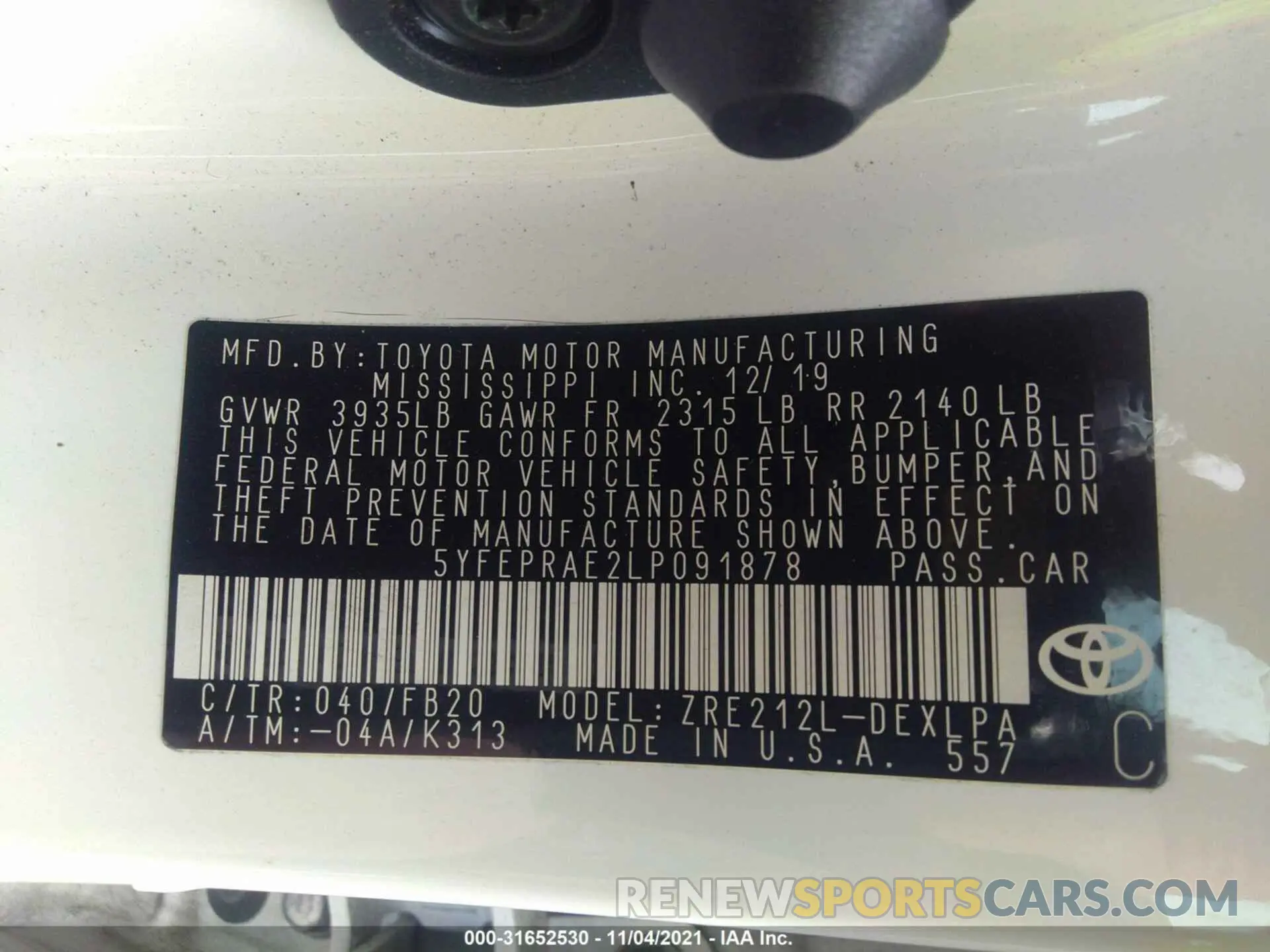 9 fotografías del automóvil dañado 5YFEPRAE2LP091878 TOYOTA COROLLA 2020