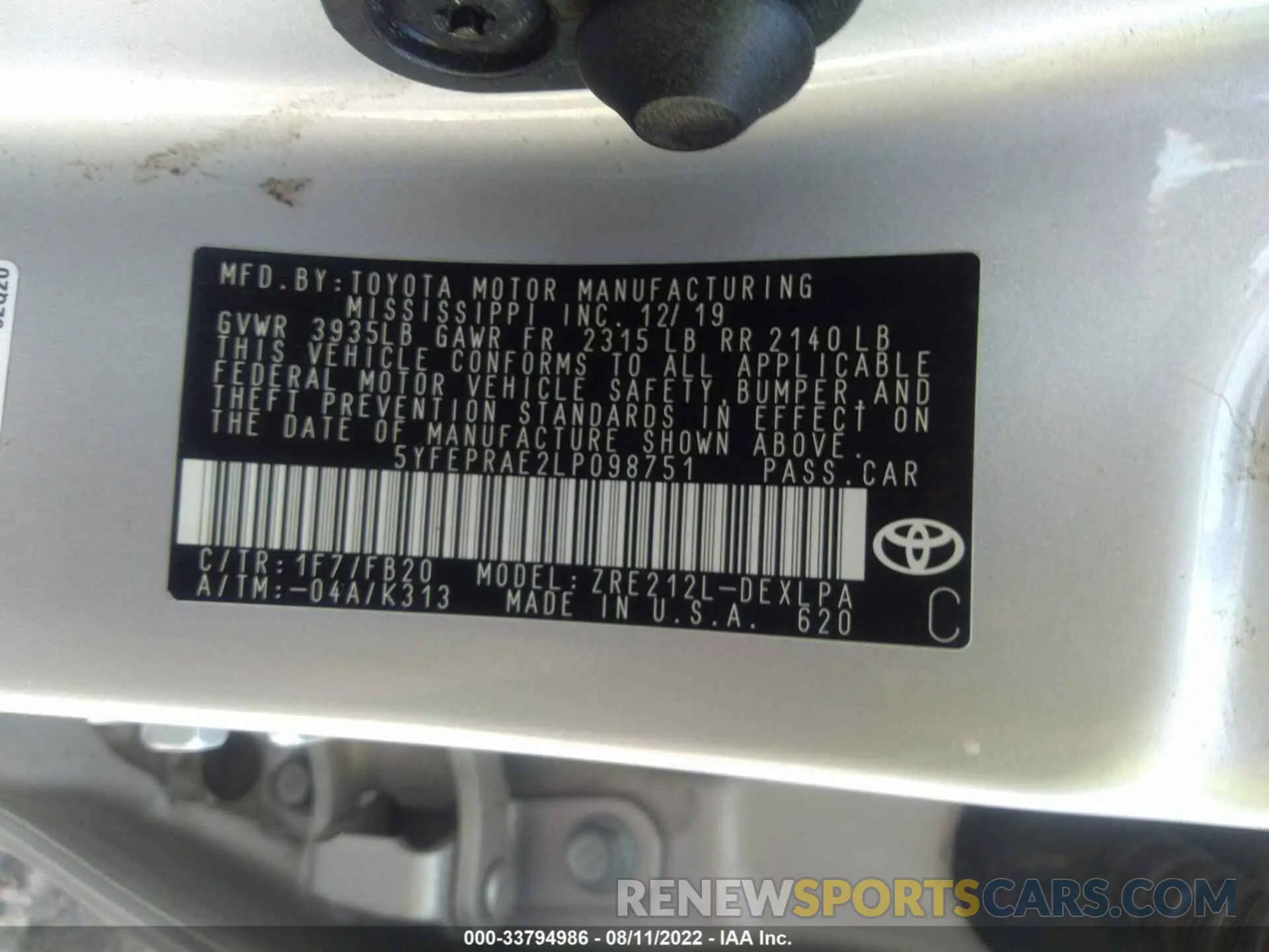 9 fotografías del automóvil dañado 5YFEPRAE2LP098751 TOYOTA COROLLA 2020