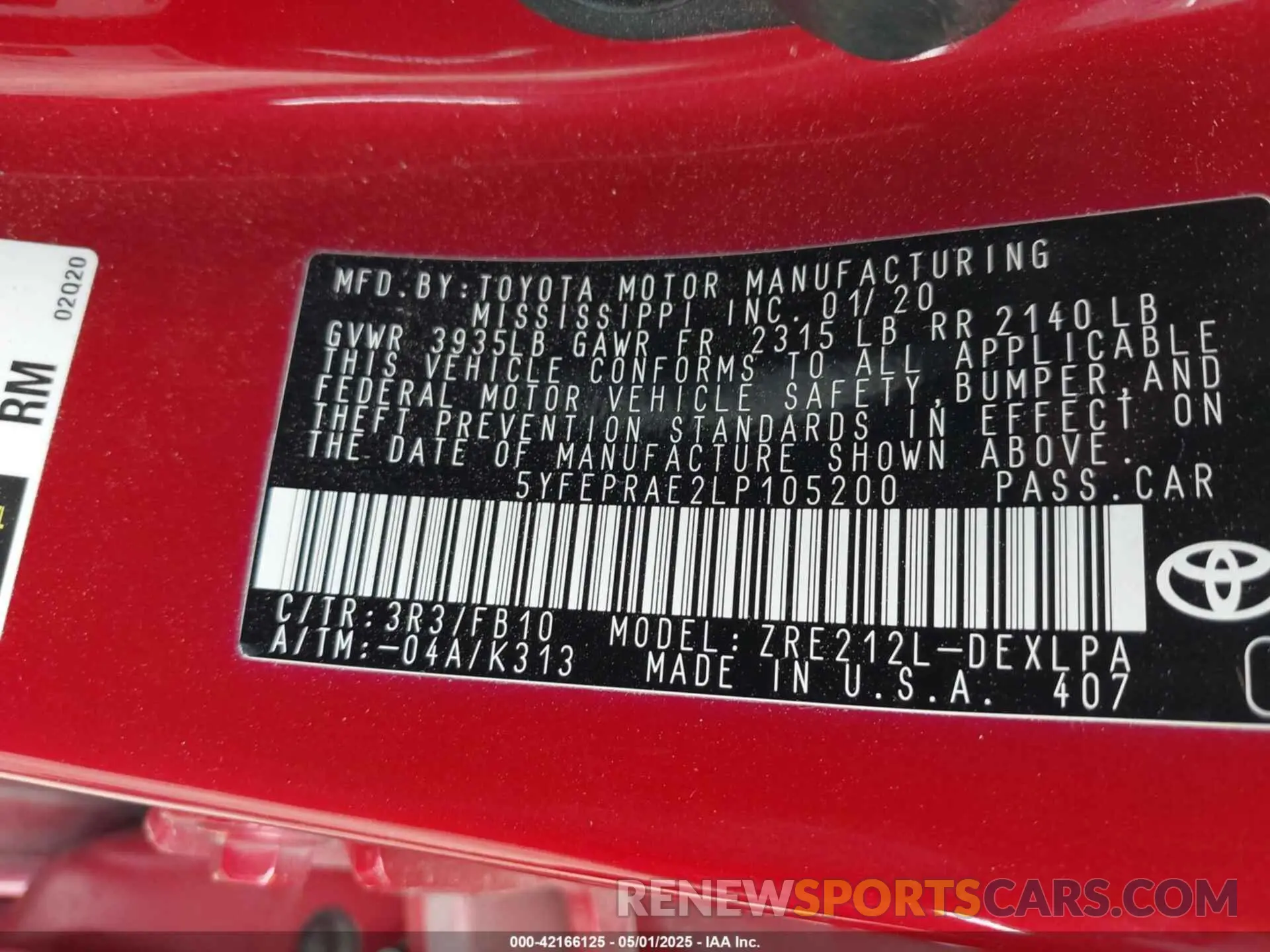 9 fotografías del automóvil dañado 5YFEPRAE2LP105200 TOYOTA COROLLA 2020