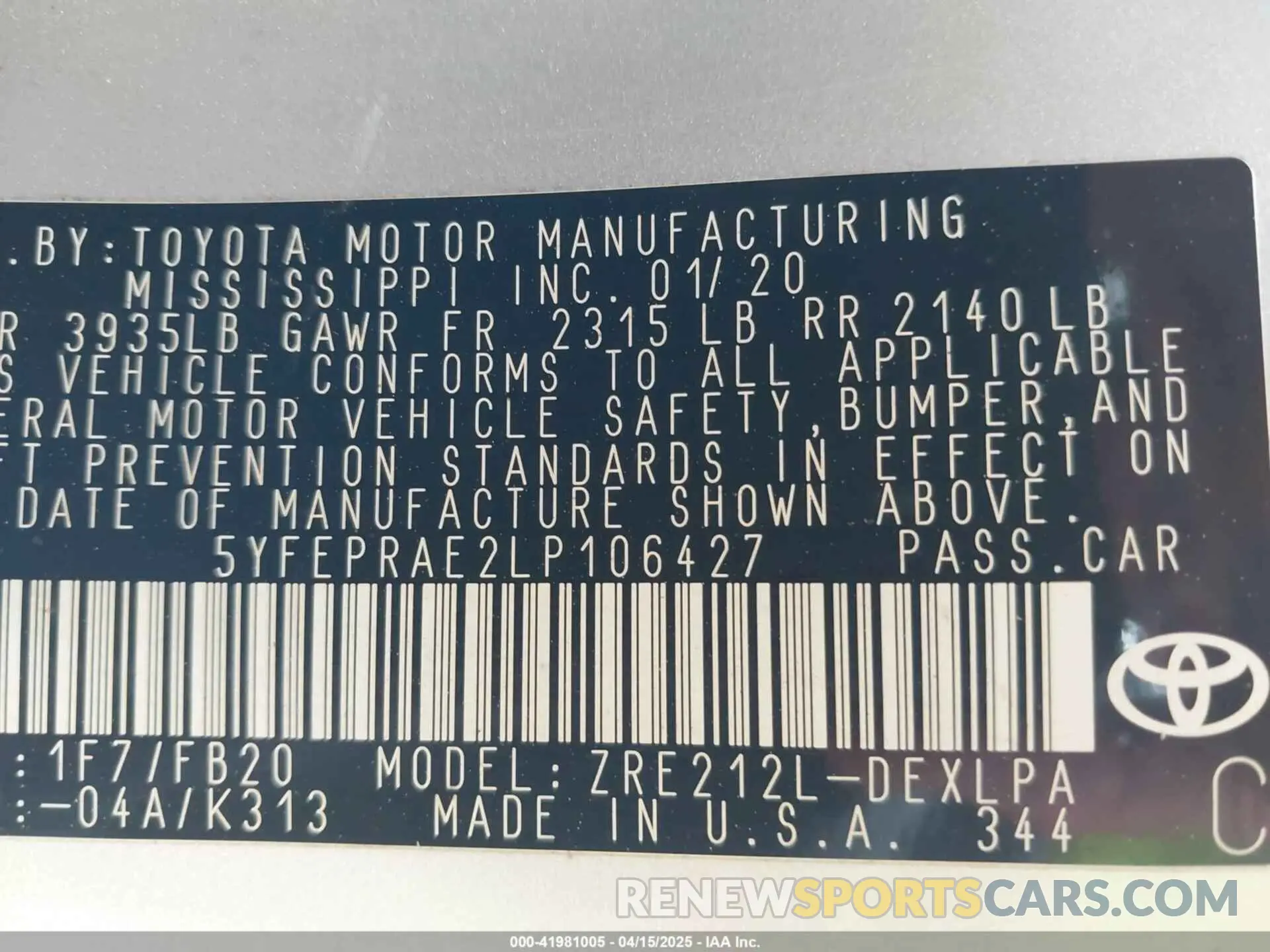 9 fotografías del automóvil dañado 5YFEPRAE2LP106427 TOYOTA COROLLA 2020