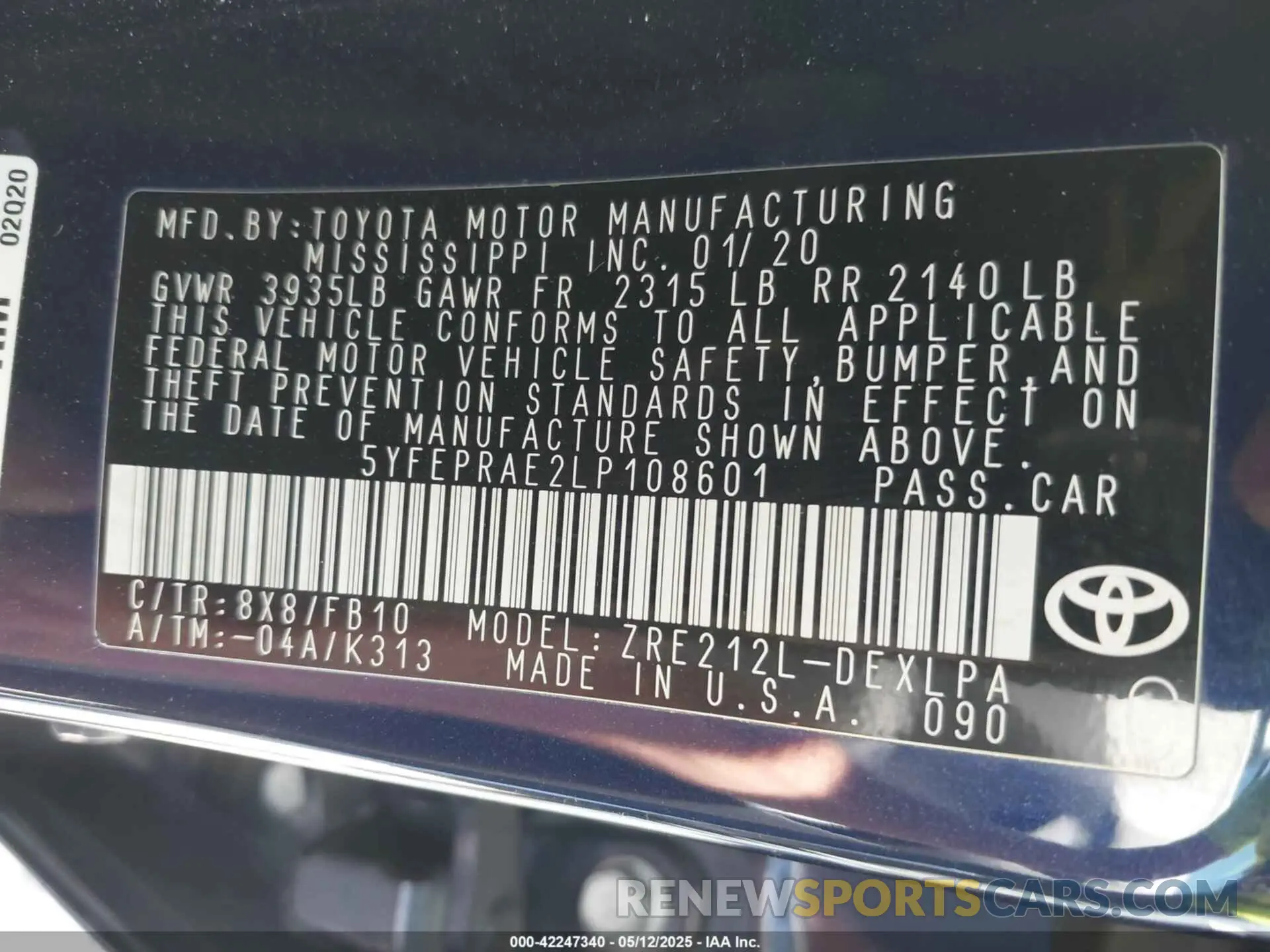 9 fotografías del automóvil dañado 5YFEPRAE2LP108601 TOYOTA COROLLA 2020