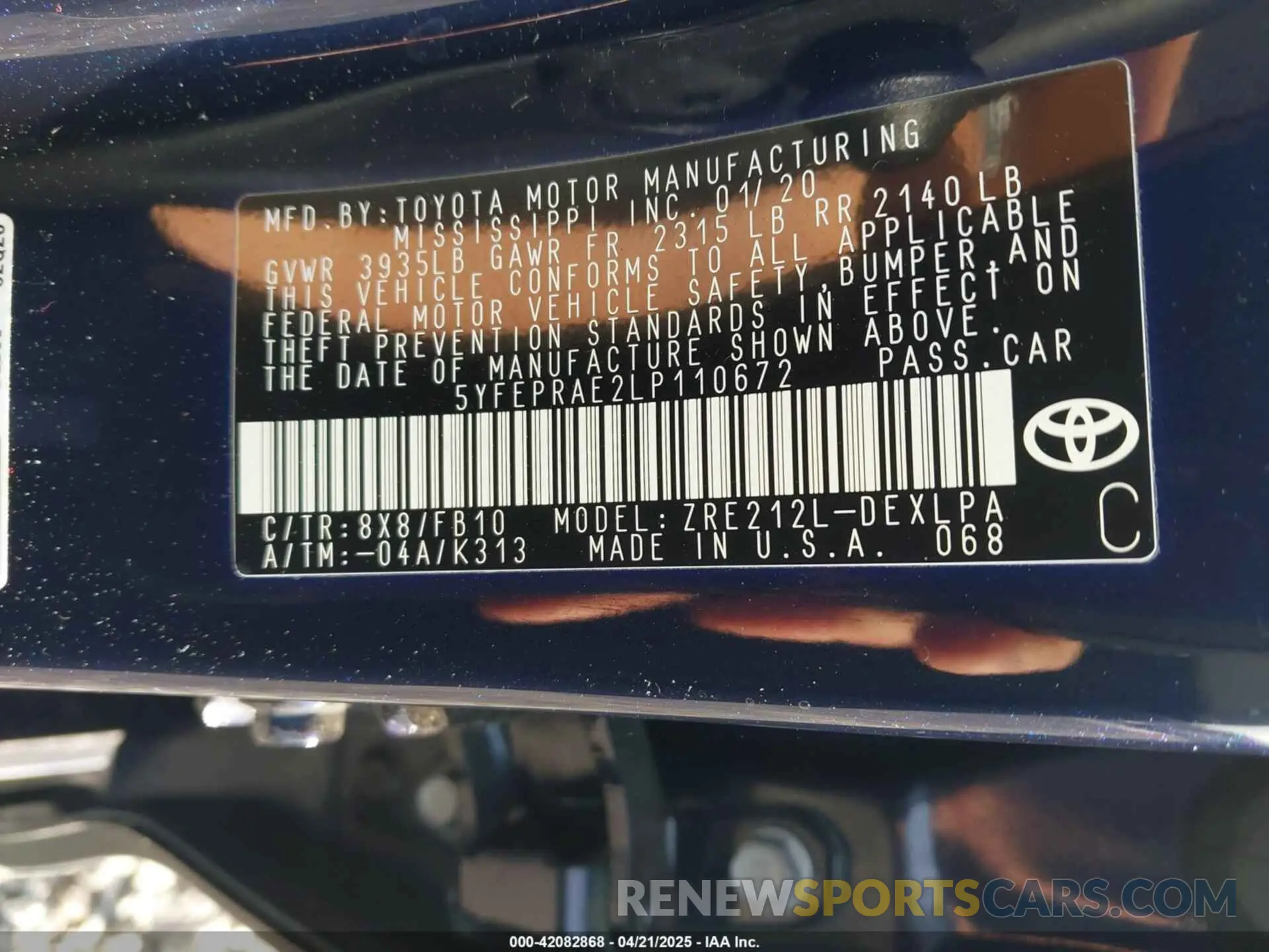 9 fotografías del automóvil dañado 5YFEPRAE2LP110672 TOYOTA COROLLA 2020