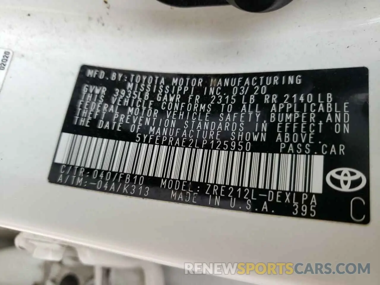 10 fotografías del automóvil dañado 5YFEPRAE2LP125950 TOYOTA COROLLA 2020