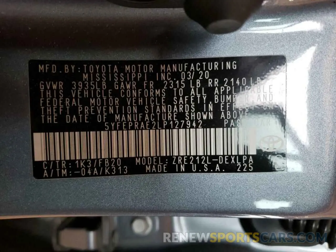 10 fotografías del automóvil dañado 5YFEPRAE2LP127942 TOYOTA COROLLA 2020