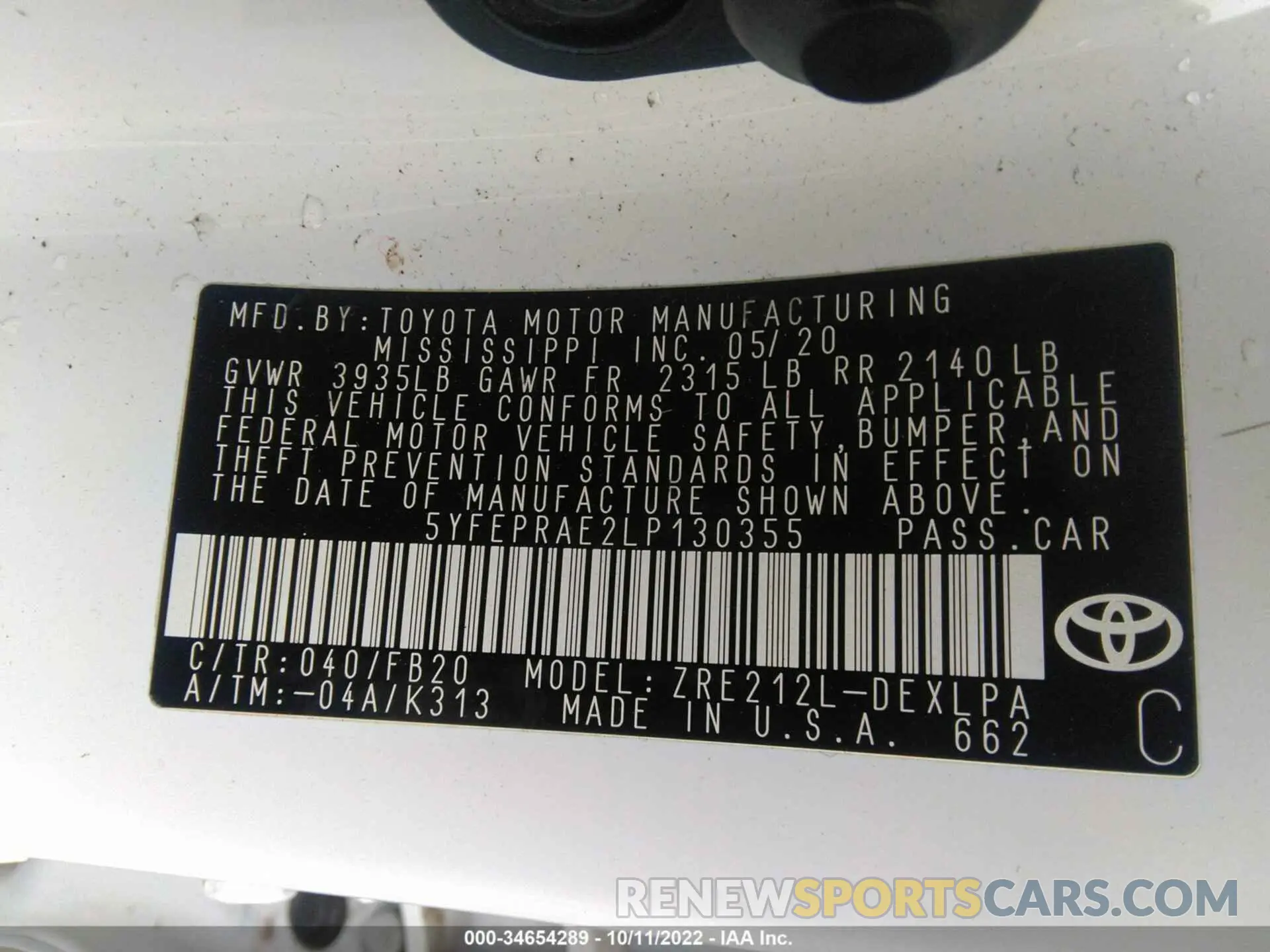 9 fotografías del automóvil dañado 5YFEPRAE2LP130355 TOYOTA COROLLA 2020