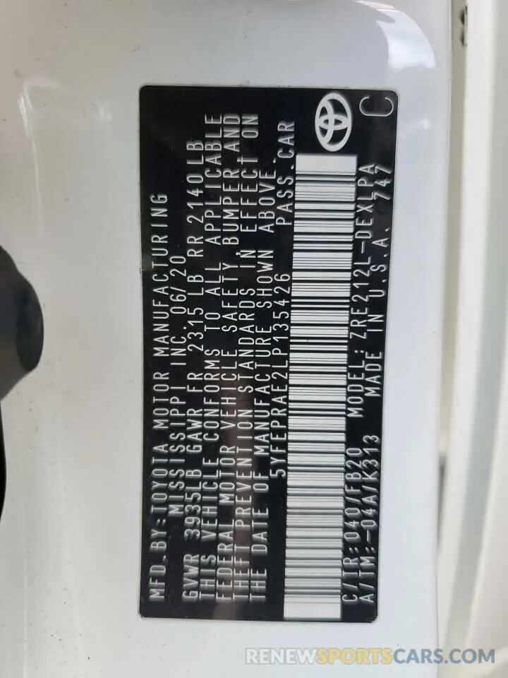 13 fotografías del automóvil dañado 5YFEPRAE2LP135426 TOYOTA COROLLA 2020