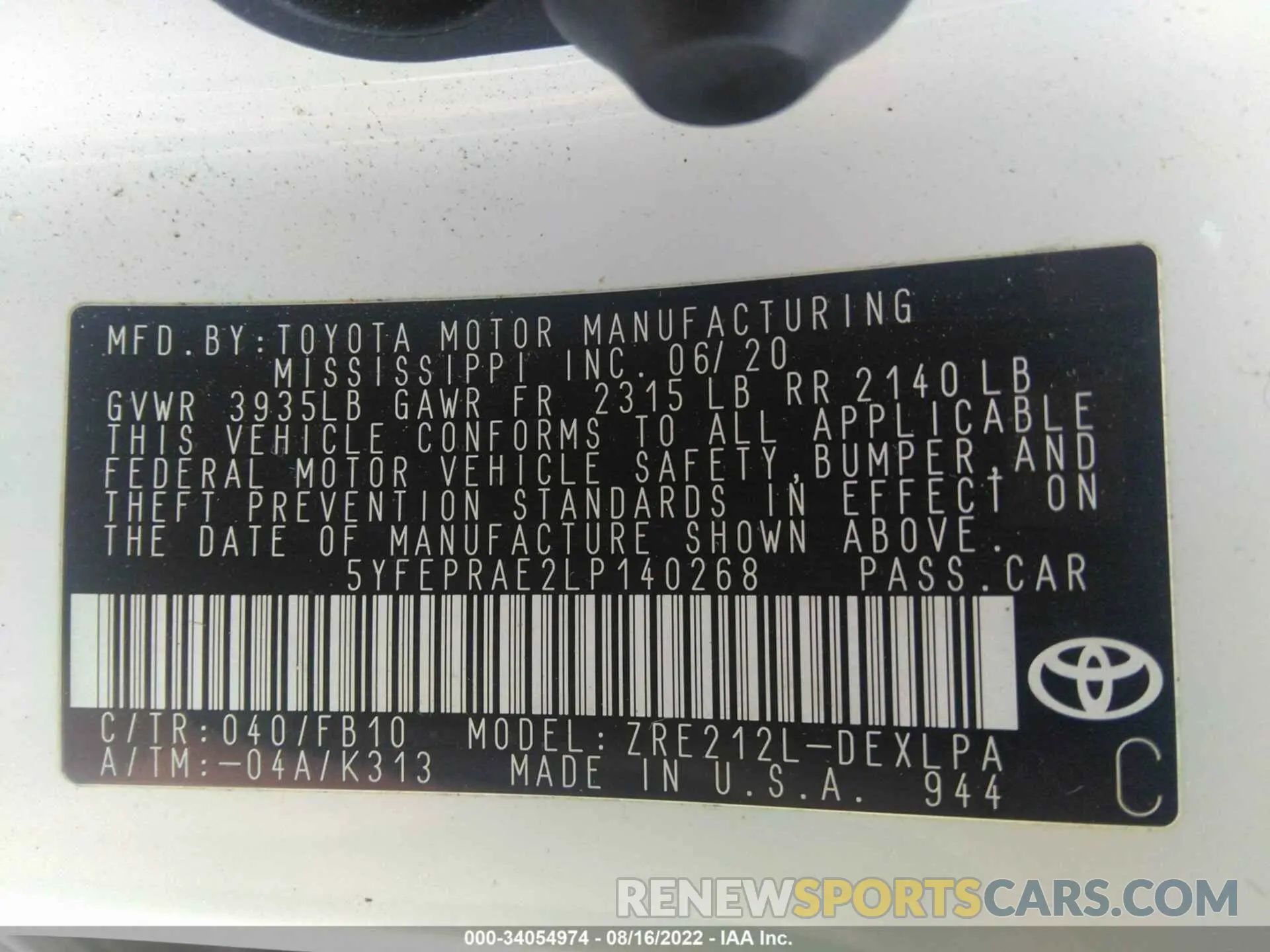 9 fotografías del automóvil dañado 5YFEPRAE2LP140268 TOYOTA COROLLA 2020