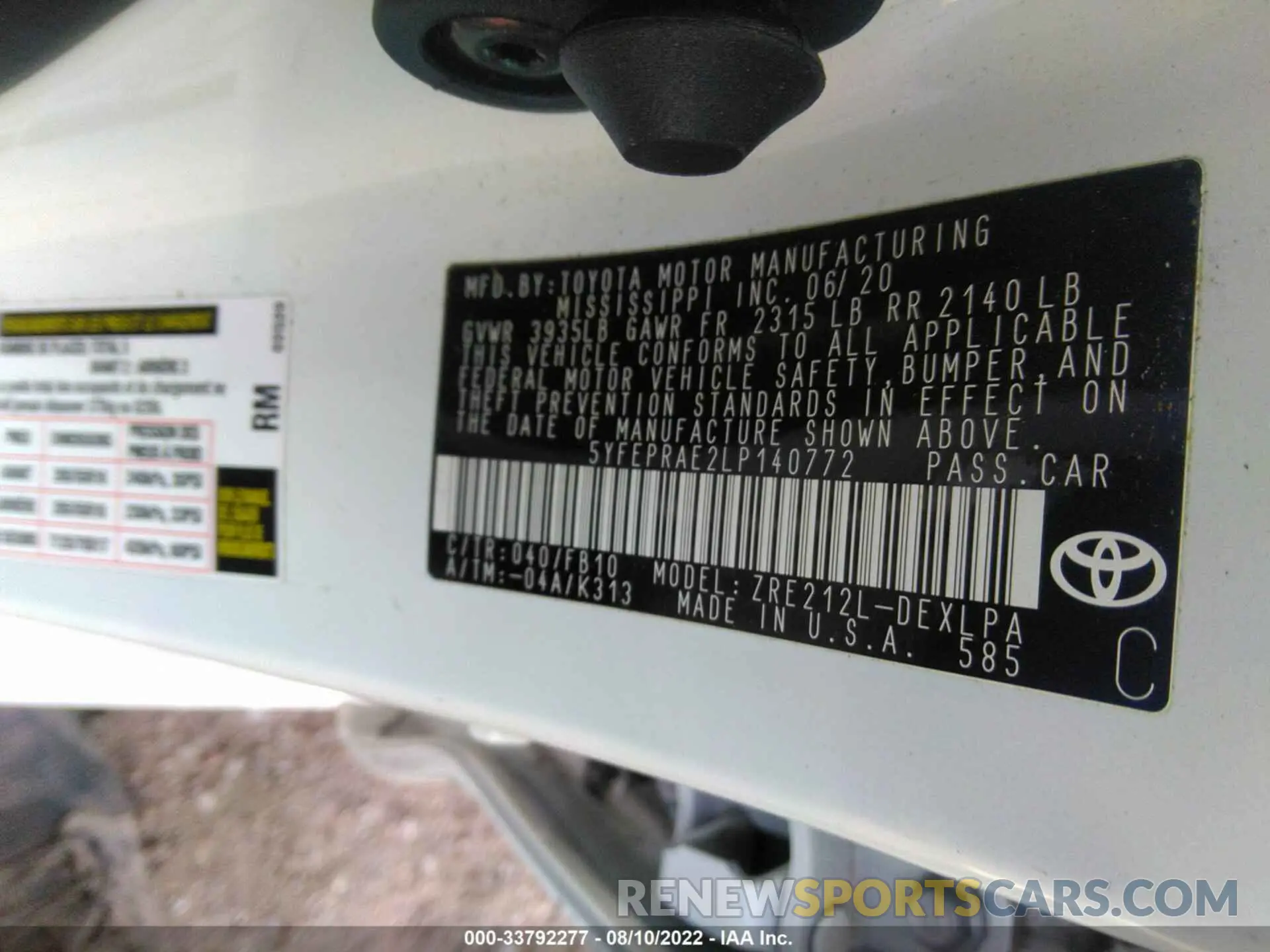 9 fotografías del automóvil dañado 5YFEPRAE2LP140772 TOYOTA COROLLA 2020