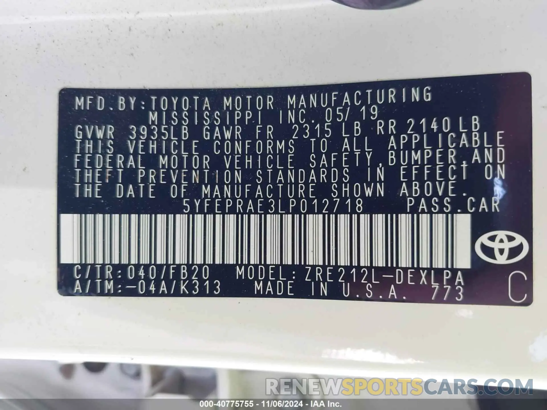 9 fotografías del automóvil dañado 5YFEPRAE3LP012718 TOYOTA COROLLA 2020