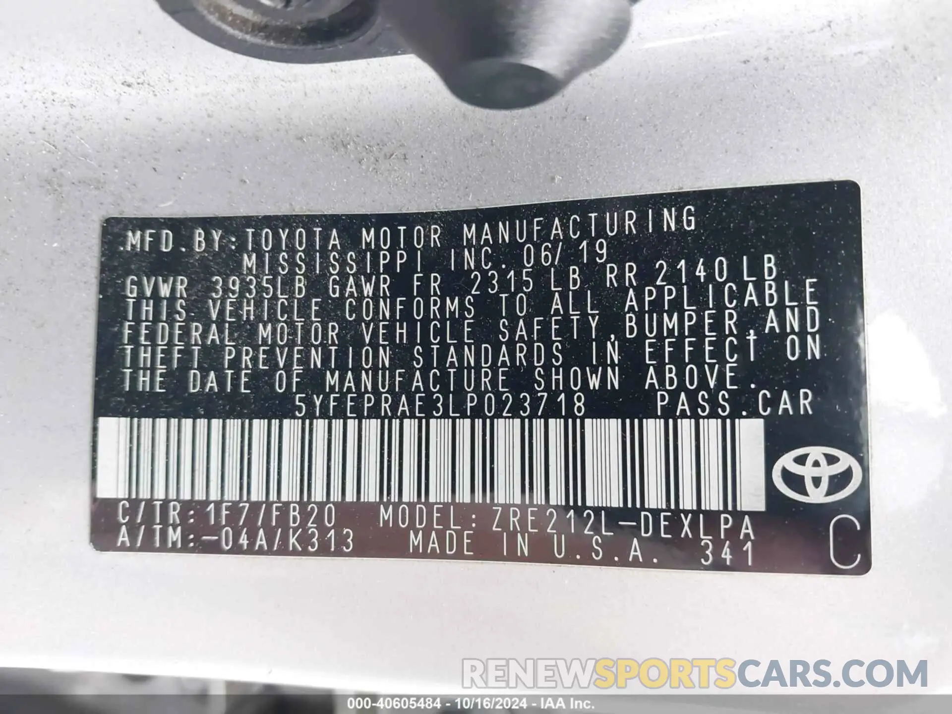 9 fotografías del automóvil dañado 5YFEPRAE3LP023718 TOYOTA COROLLA 2020