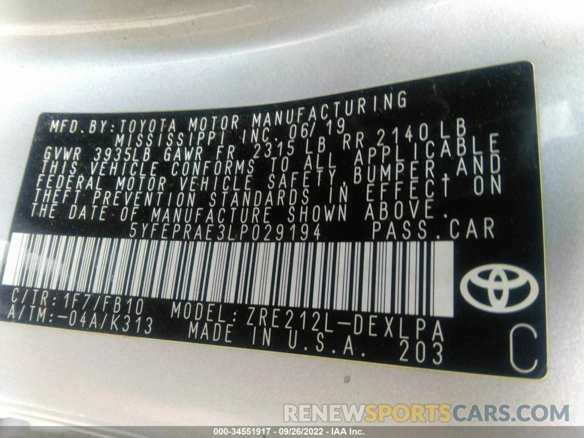 9 fotografías del automóvil dañado 5YFEPRAE3LP029194 TOYOTA COROLLA 2020