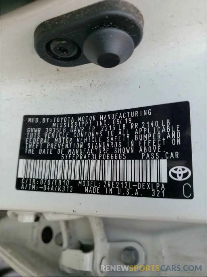 10 fotografías del automóvil dañado 5YFEPRAE3LP066665 TOYOTA COROLLA 2020