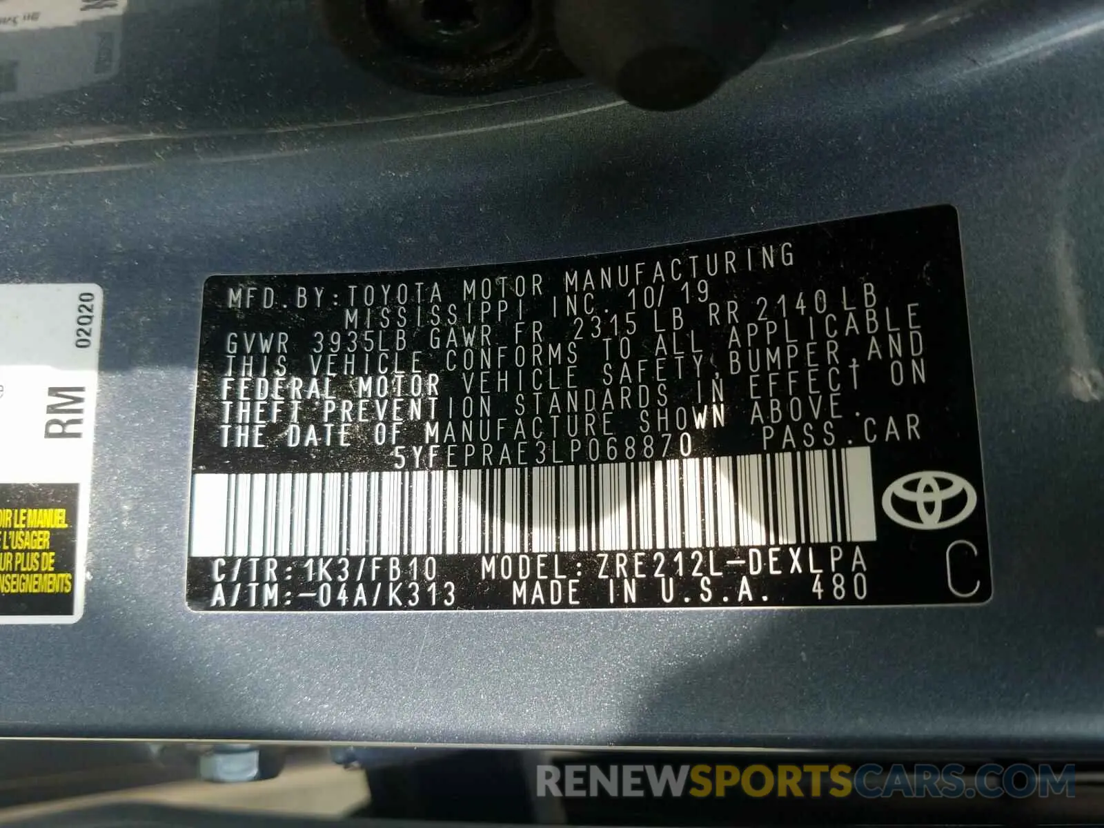 10 fotografías del automóvil dañado 5YFEPRAE3LP068870 TOYOTA COROLLA 2020