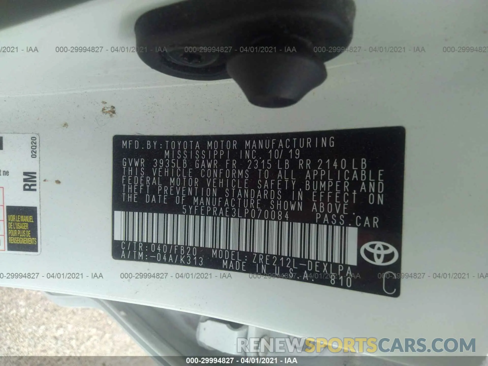 9 fotografías del automóvil dañado 5YFEPRAE3LP070084 TOYOTA COROLLA 2020
