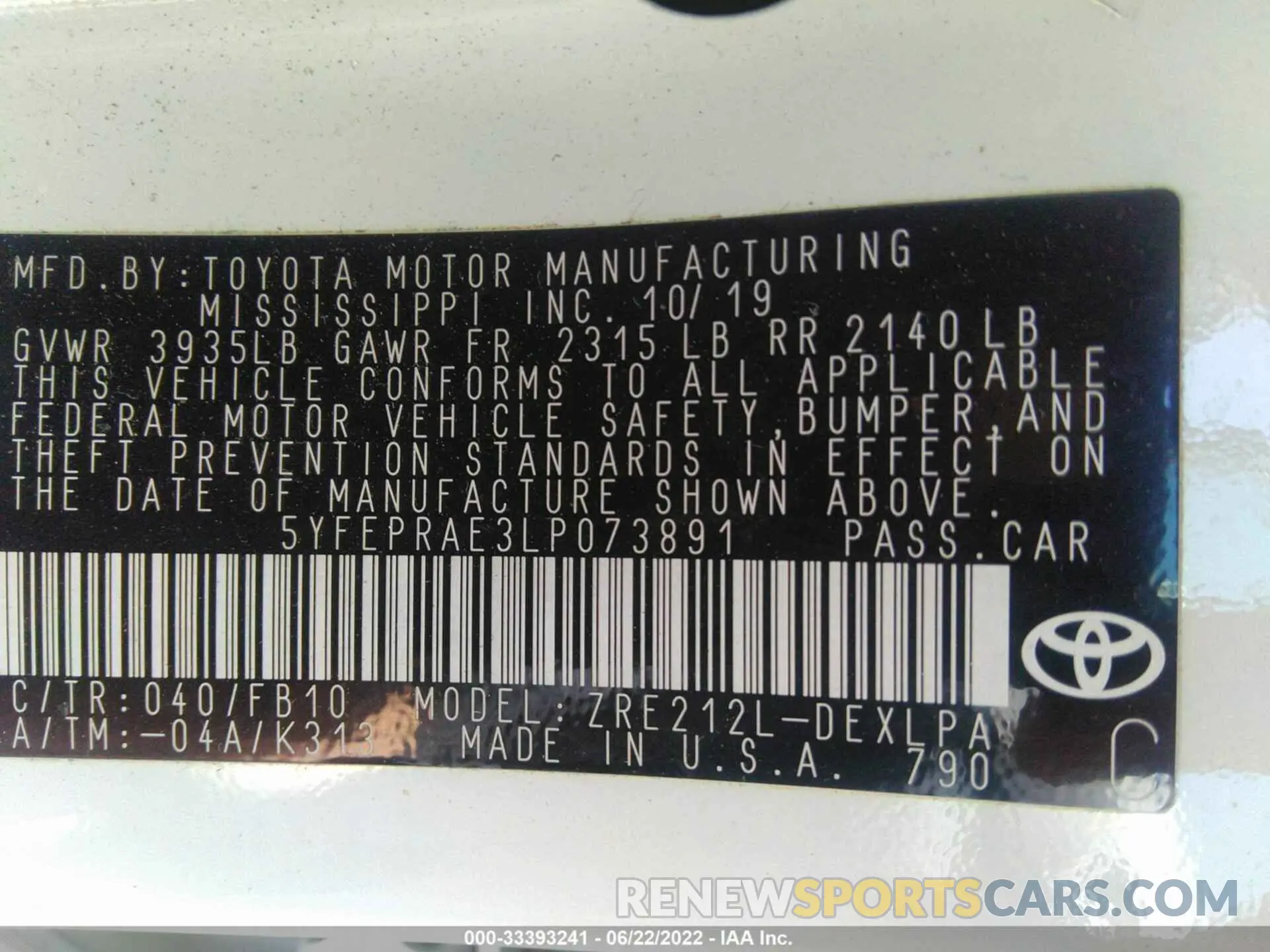9 fotografías del automóvil dañado 5YFEPRAE3LP073891 TOYOTA COROLLA 2020