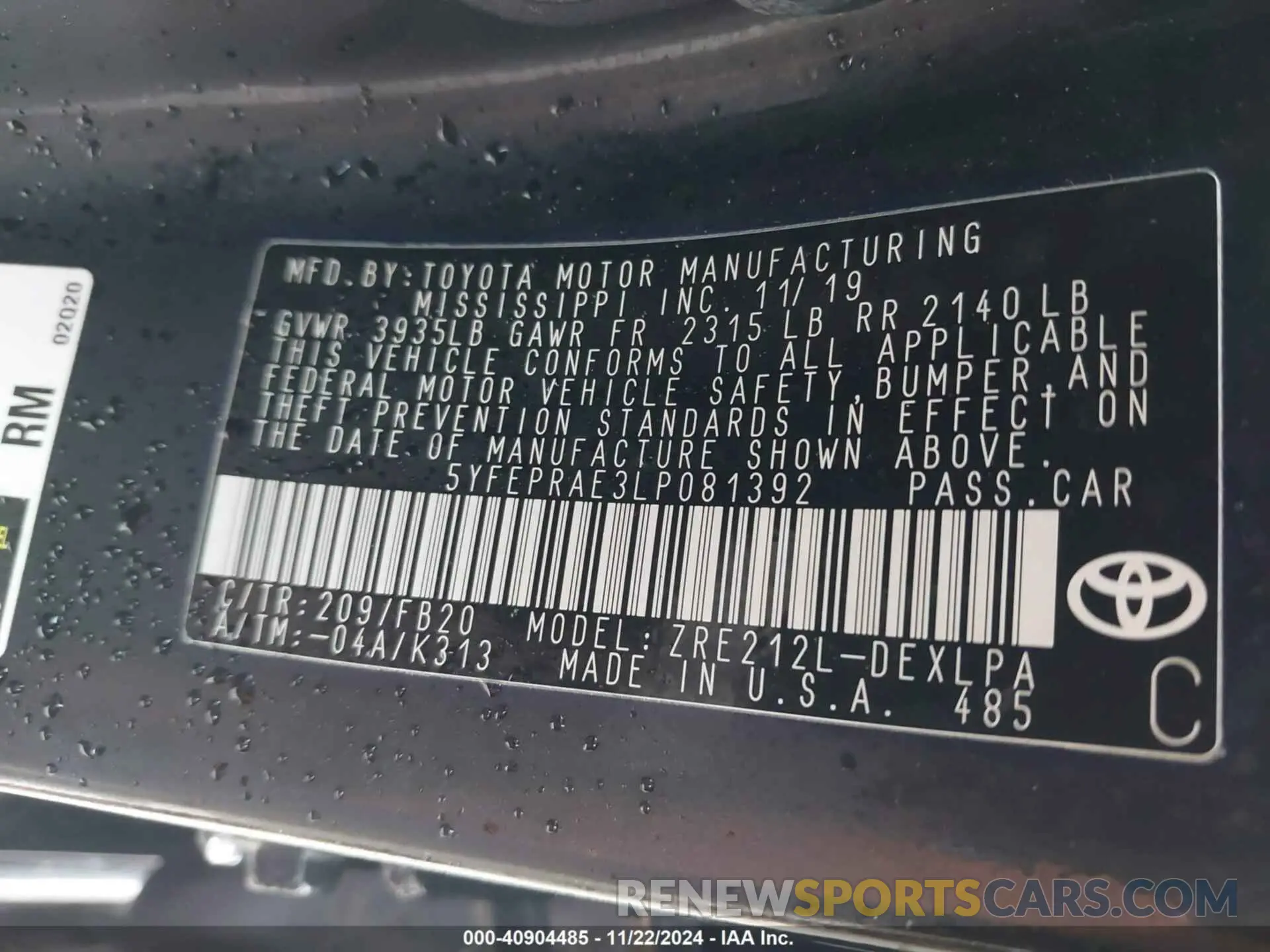 9 fotografías del automóvil dañado 5YFEPRAE3LP081392 TOYOTA COROLLA 2020