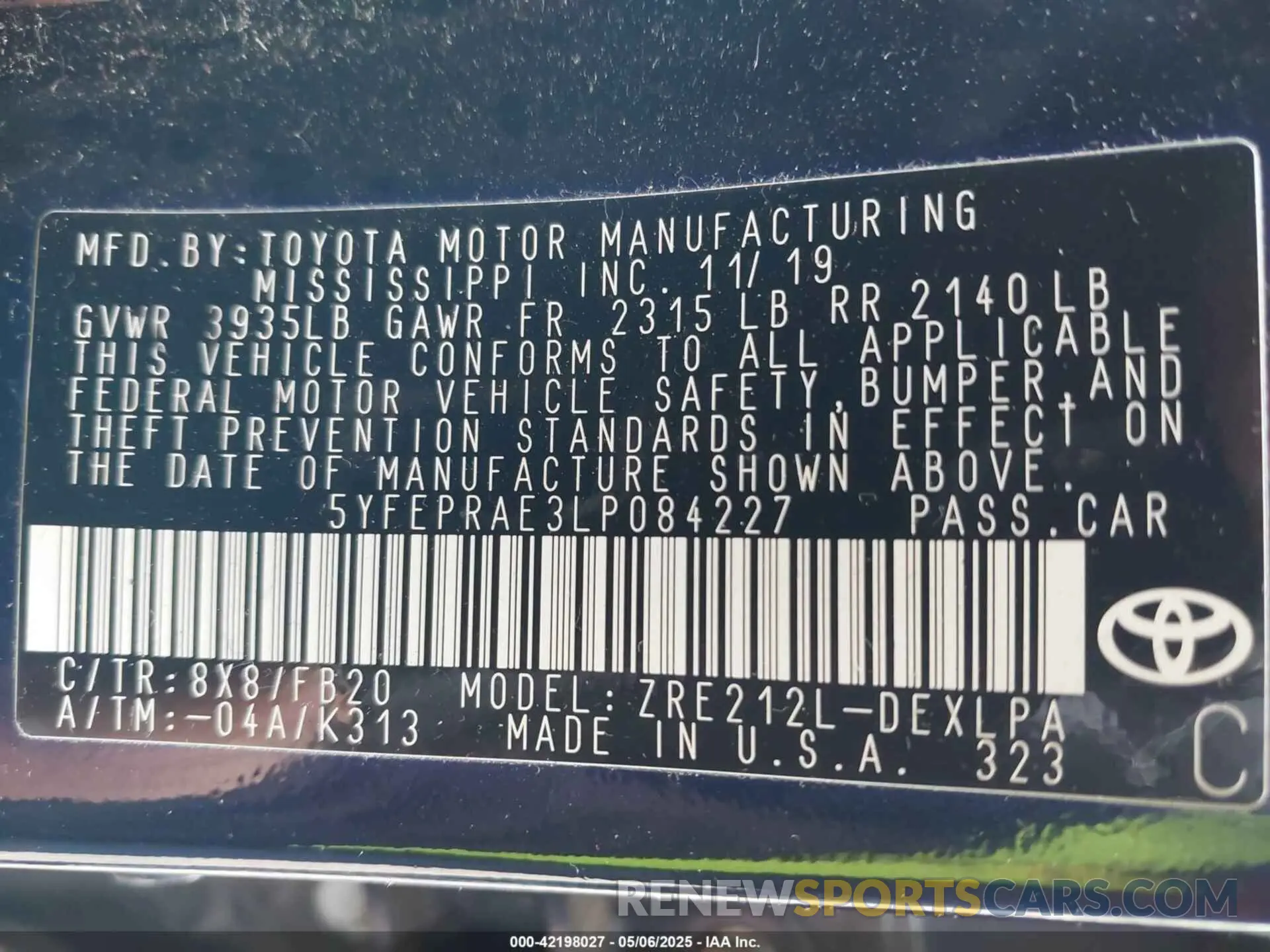 9 fotografías del automóvil dañado 5YFEPRAE3LP084227 TOYOTA COROLLA 2020