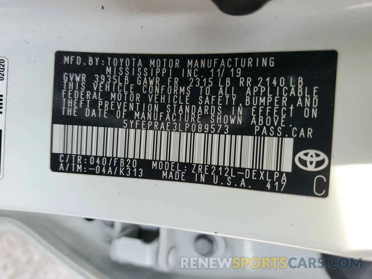 12 fotografías del automóvil dañado 5YFEPRAE3LP089573 TOYOTA COROLLA 2020