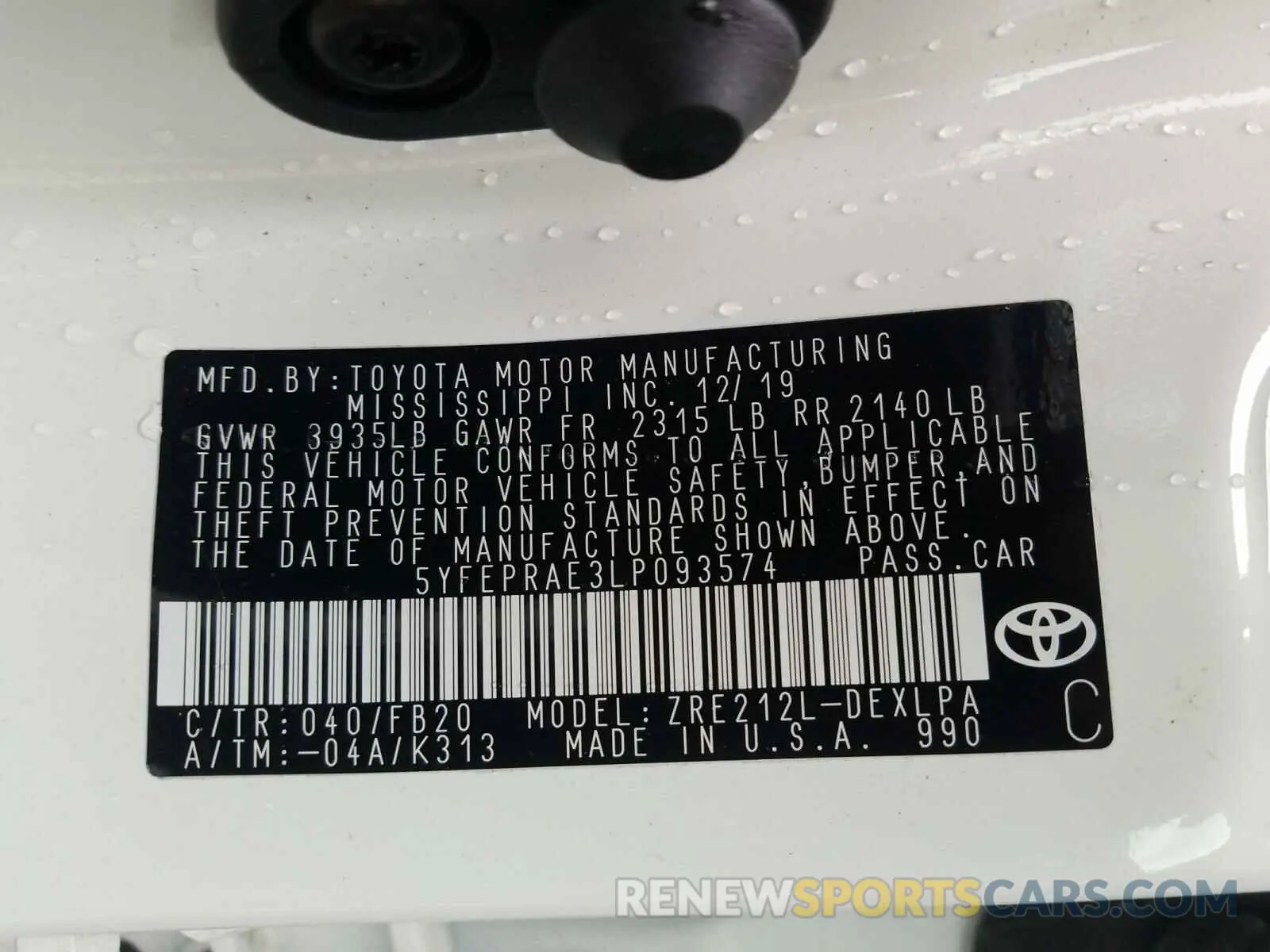 10 fotografías del automóvil dañado 5YFEPRAE3LP093574 TOYOTA COROLLA 2020