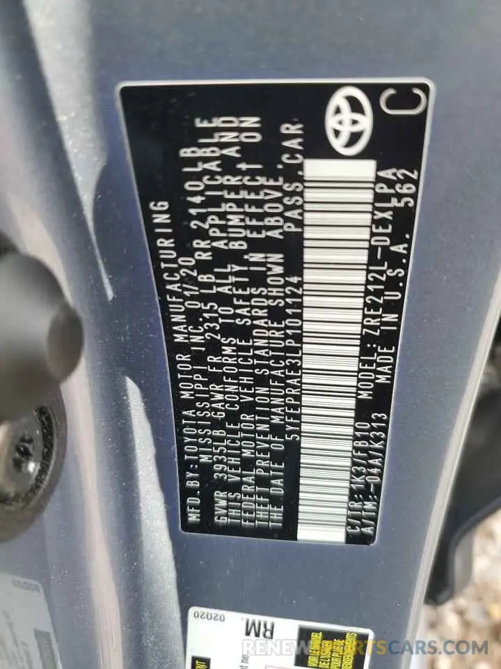 12 fotografías del automóvil dañado 5YFEPRAE3LP101124 TOYOTA COROLLA 2020