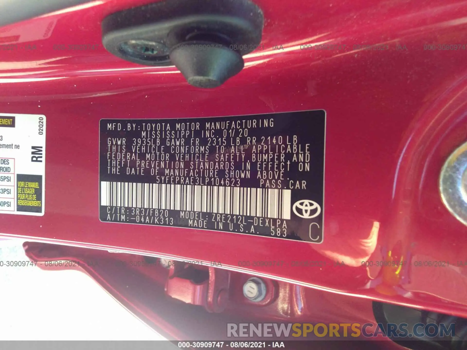 9 fotografías del automóvil dañado 5YFEPRAE3LP104623 TOYOTA COROLLA 2020