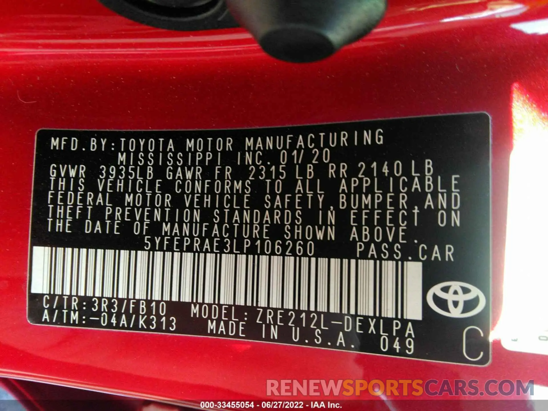 9 fotografías del automóvil dañado 5YFEPRAE3LP106260 TOYOTA COROLLA 2020