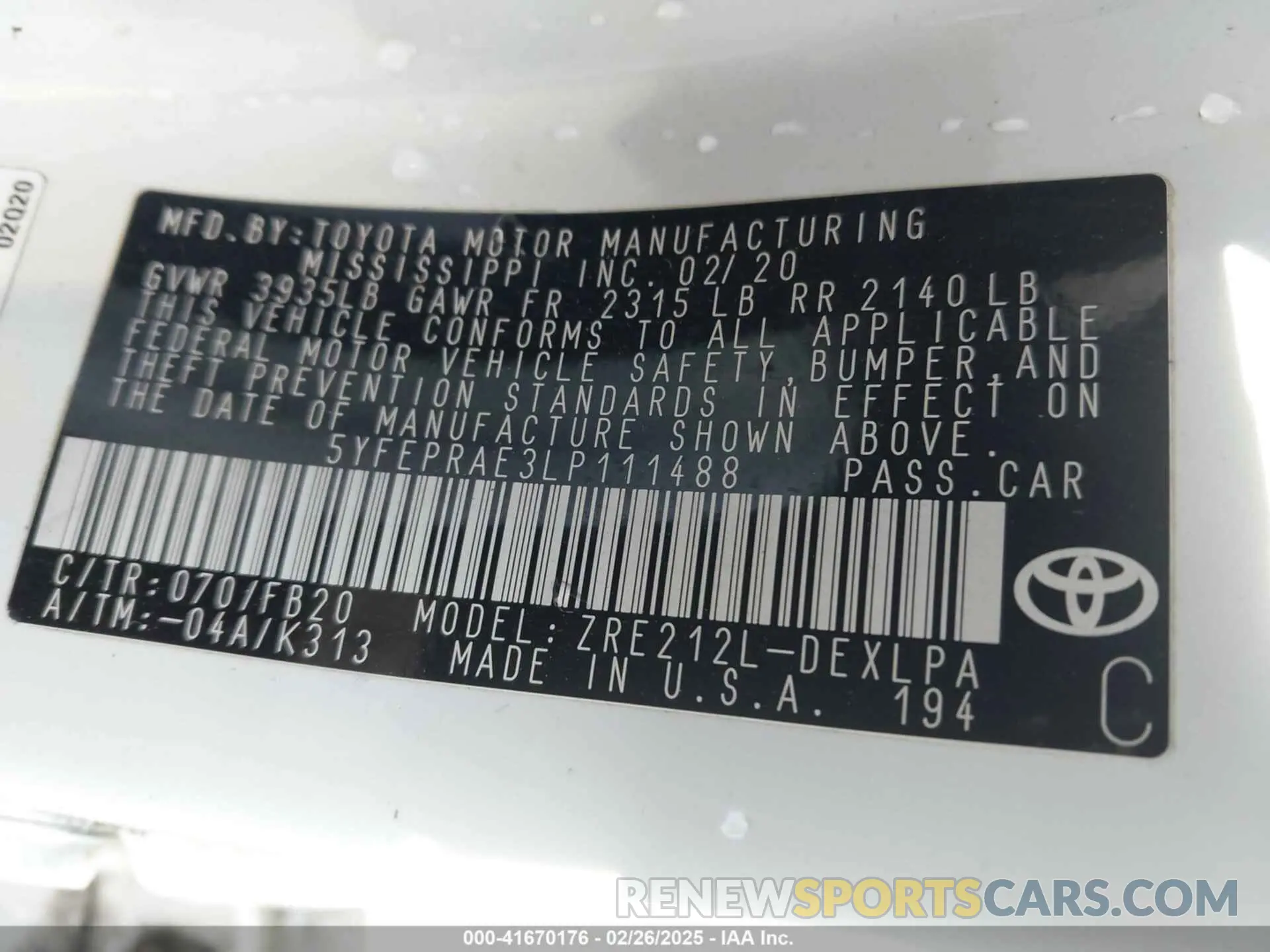 9 fotografías del automóvil dañado 5YFEPRAE3LP111488 TOYOTA COROLLA 2020