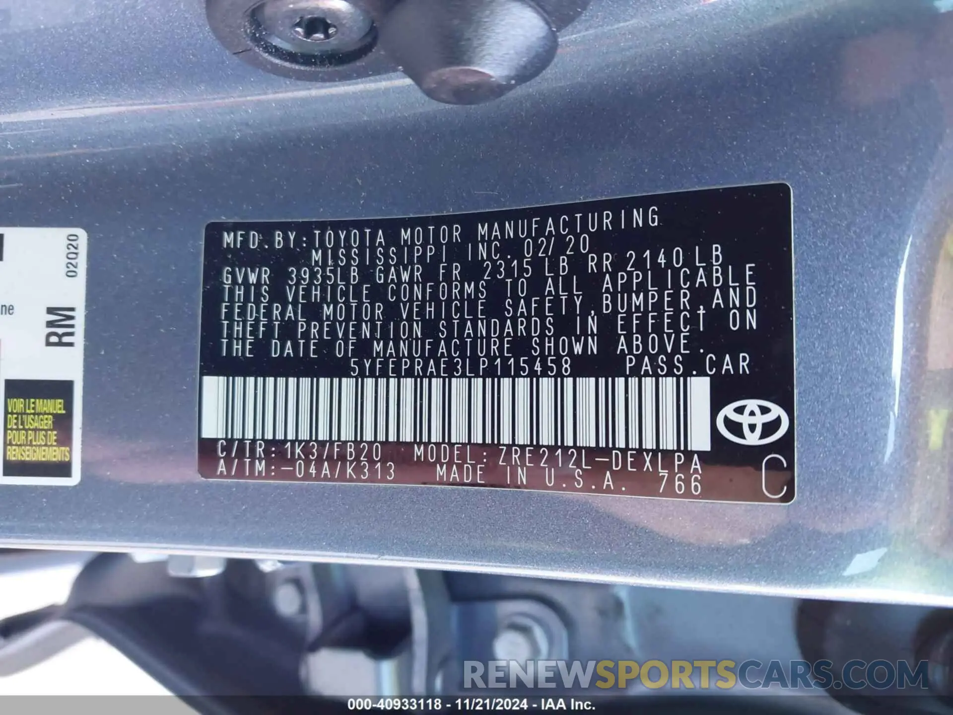 9 fotografías del automóvil dañado 5YFEPRAE3LP115458 TOYOTA COROLLA 2020