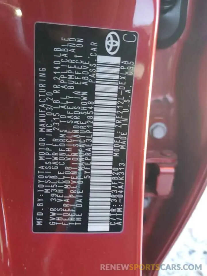 12 fotografías del automóvil dañado 5YFEPRAE3LP128548 TOYOTA COROLLA 2020