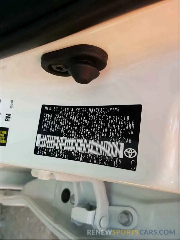 10 fotografías del automóvil dañado 5YFEPRAE3LP133510 TOYOTA COROLLA 2020