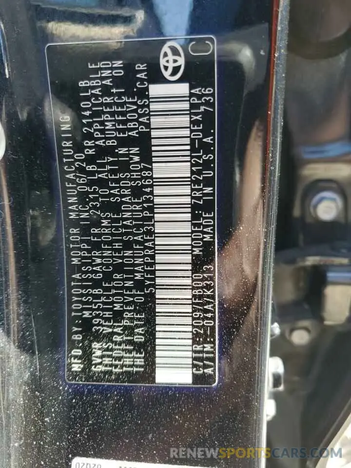 15 fotografías del automóvil dañado 5YFEPRAE3LP134687 TOYOTA COROLLA 2020
