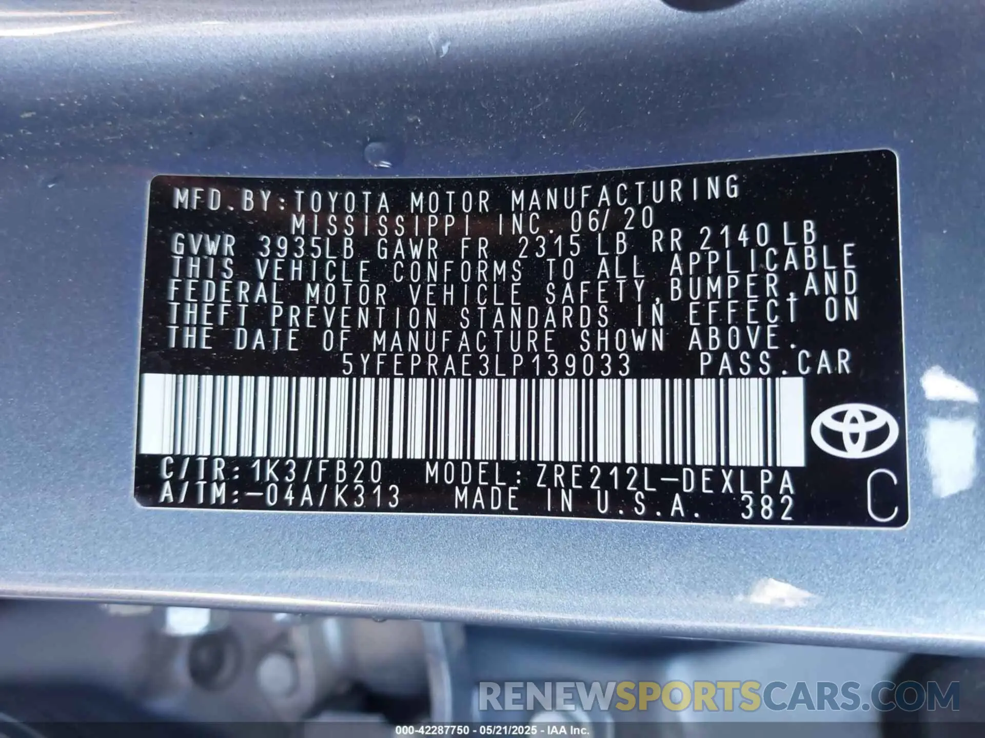 9 fotografías del automóvil dañado 5YFEPRAE3LP139033 TOYOTA COROLLA 2020
