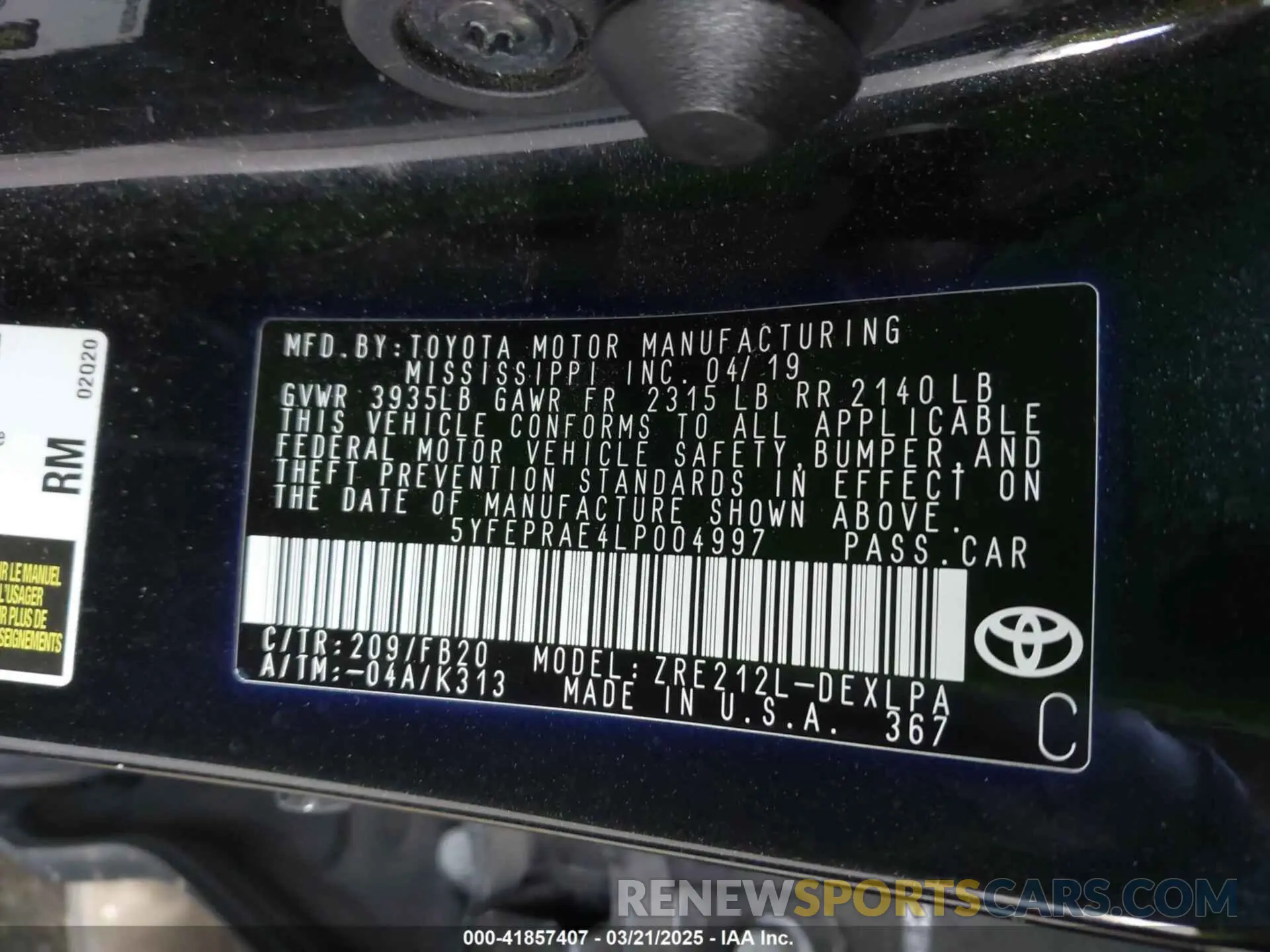 9 fotografías del automóvil dañado 5YFEPRAE4LP004997 TOYOTA COROLLA 2020