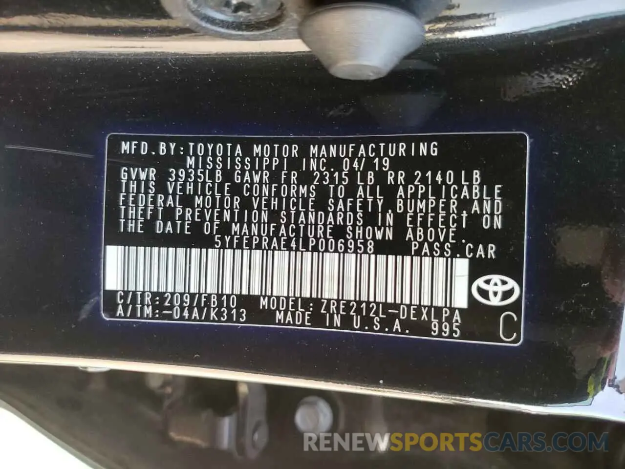 12 fotografías del automóvil dañado 5YFEPRAE4LP006958 TOYOTA COROLLA 2020