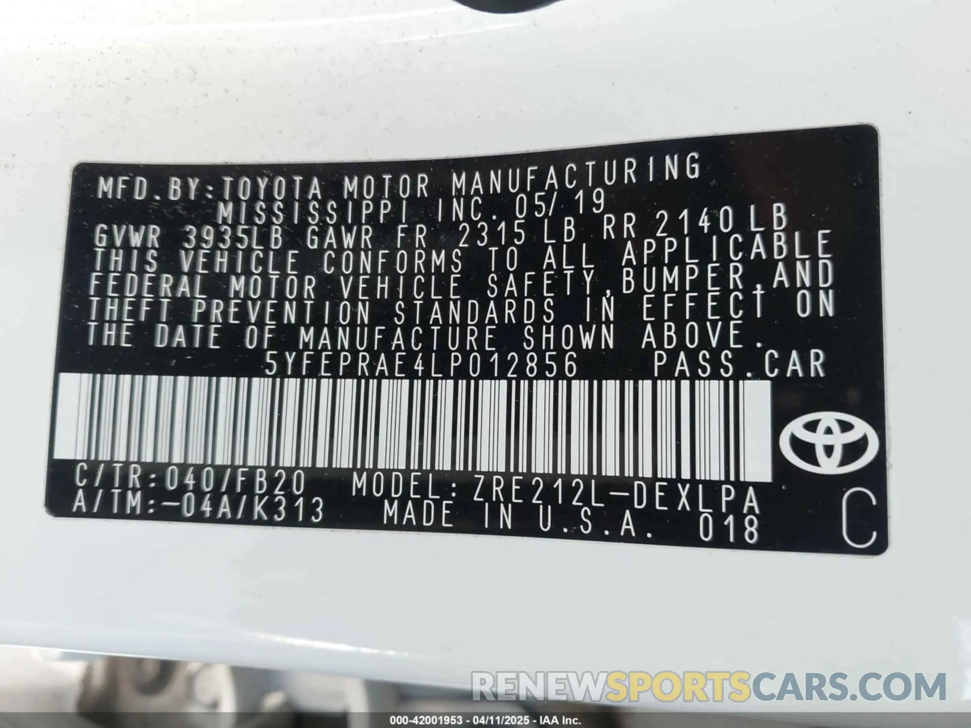 9 fotografías del automóvil dañado 5YFEPRAE4LP012856 TOYOTA COROLLA 2020