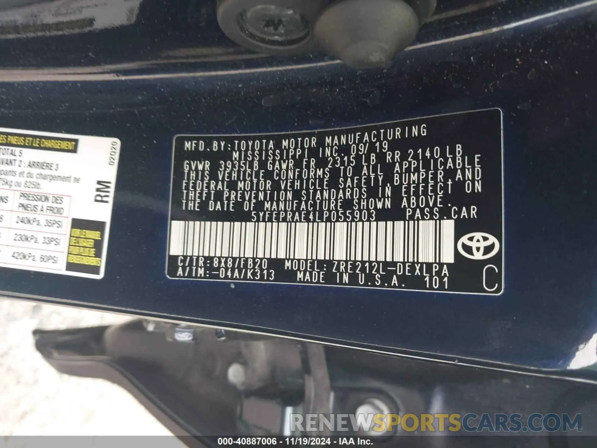 9 fotografías del automóvil dañado 5YFEPRAE4LP055903 TOYOTA COROLLA 2020
