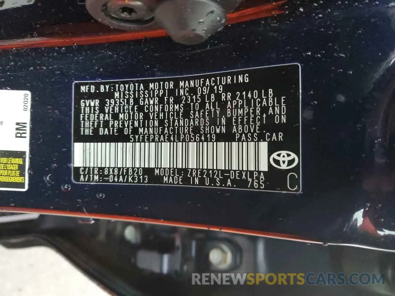 12 fotografías del automóvil dañado 5YFEPRAE4LP056419 TOYOTA COROLLA 2020