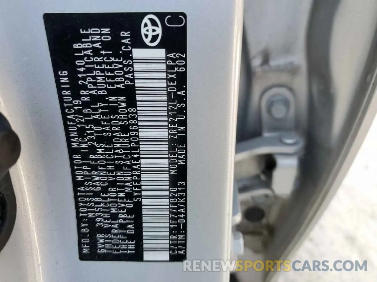 13 fotografías del automóvil dañado 5YFEPRAE4LP096838 TOYOTA COROLLA 2020